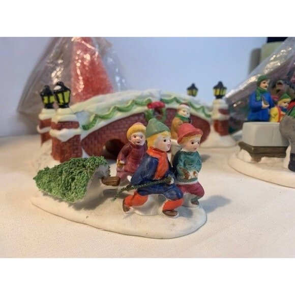 Vintage Hand-Painted Ceramic Christmas Village Set with Bridge Children Horse & - Picture 3 of 9